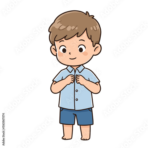Boy buttoning shirt dressing up. Ideal for children's fashion, morning routine guidance, and self-care skill development.