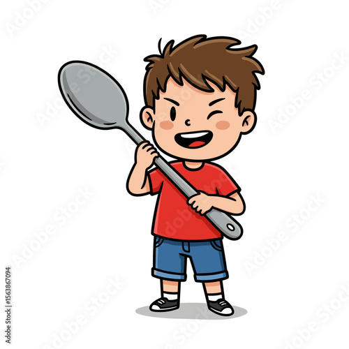 Boy with spoon holding cooking utensil. Perfect for children's cooking classes, junior chef programs, and kids' kitchen activities.
