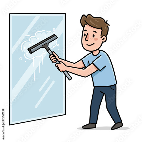 Man cleaning window with squeegee. Ideal for cleaning services, household maintenance, or glass care instructions.