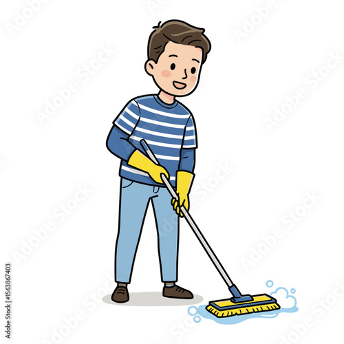 Man mopping floor in striped shirt. Ideal for cleaning services, household maintenance, or proper floor care demonstrations.