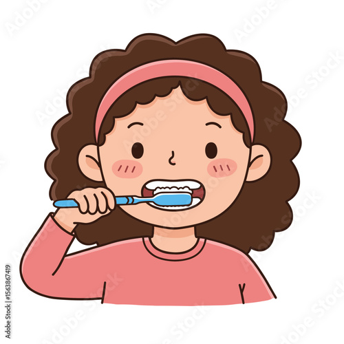 Girl brushing teeth with toothbrush. Ideal for dental hygiene education, oral care routines, or healthy habits for children.
