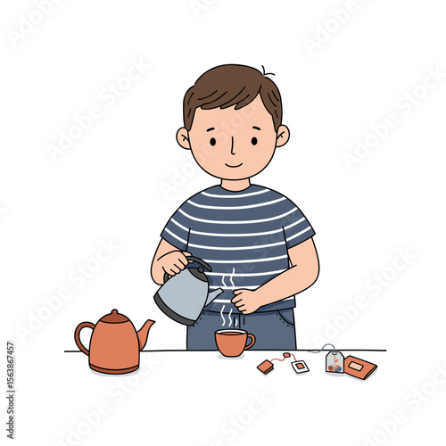 Boy brewing tea with teapot and ingredients. Ideal for beverage preparation, cultural tea traditions, or relaxing drink rituals.