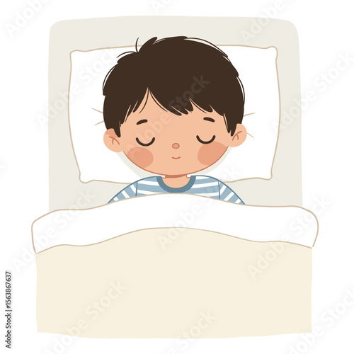 Boy in bed lying awake resting on pillow. Perfect for morning routines, bedroom scenes, or restful moments.