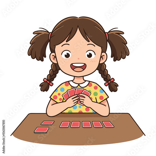Girl playing cards at table with spread layout. Perfect for educational games, cognitive development activities, or strategic thinking illustrations.