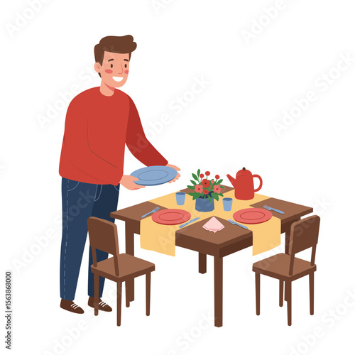 Man setting table with dinnerware and floral centerpiece. Dining preparation concept for entertaining guests and special meals.