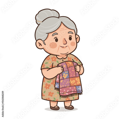Grandmother with cloth or knitting fabric. Traditional handicraft concept for elderly hobbies, textile work, and cultural practices.