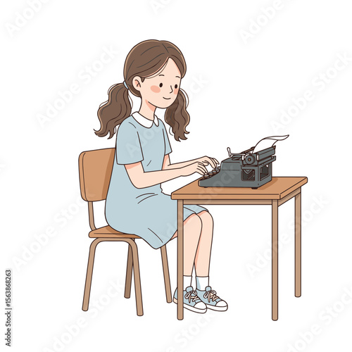 Girl typing on vintage typewriter. Retro writing concept for creative composition, journalism, and classic literary tools.