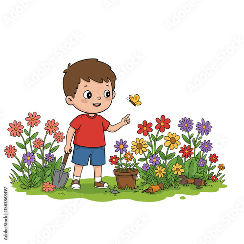 Boy in garden admiring colorful flowers. Ideal for nature appreciation, gardening education, and outdoor learning concepts.