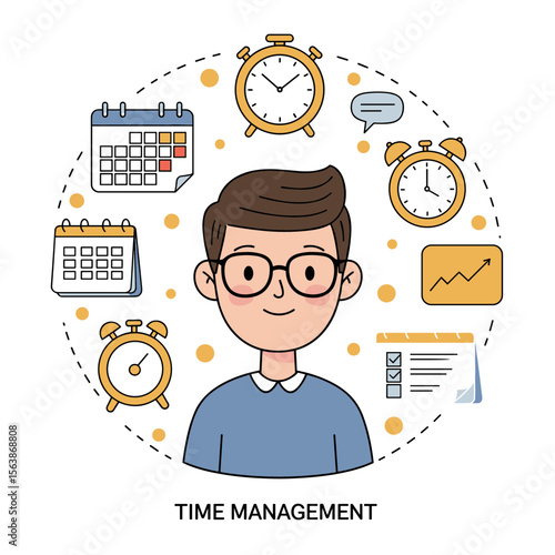 Man surrounded by time management elements. Ideal for productivity, scheduling, and efficient work planning concepts.
