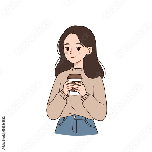 Woman drinking coffee from takeout cup. Perfect for casual lifestyle, coffee culture, and morning routine concepts.