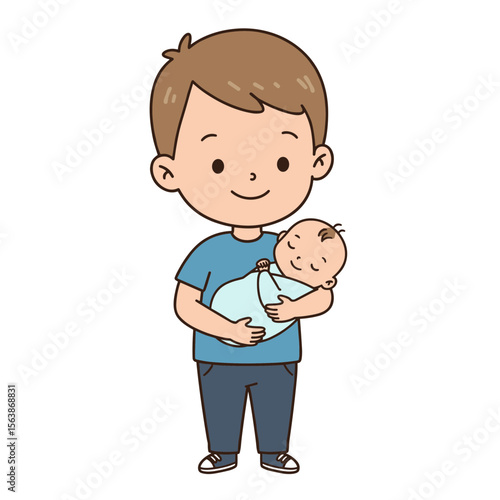 Boy holding baby with careful expression. Ideal for family relationships, sibling bonding, and childcare concepts.