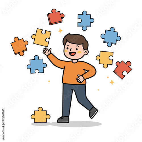 Boy with puzzle pieces solving colorful jigsaw. Ideal for problem-solving skills and educational game concepts.