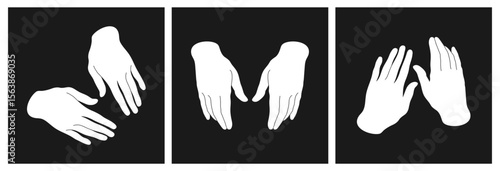 Set of hands in white gloves on black background. Abstract human hands wearing white gloves. Vector illustration