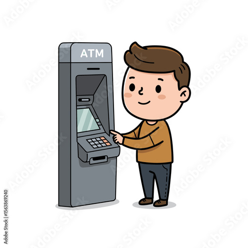 Man using ATM machine for banking transaction. Ideal for financial services and banking operation illustrations.