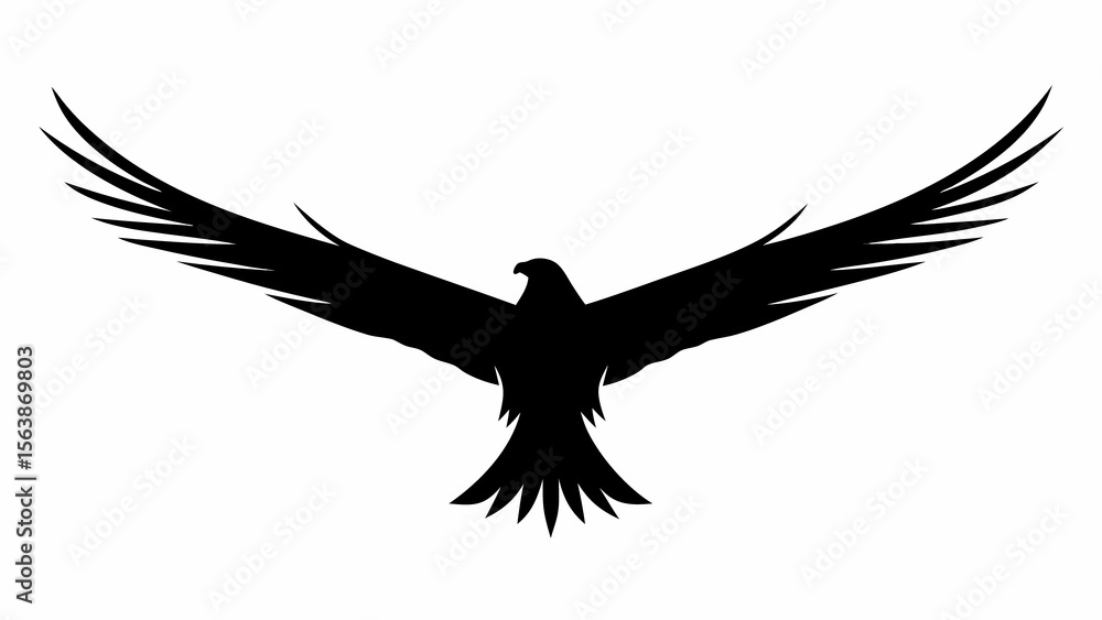 Fototapeta premium A silhouette of an eagle with its wings spread wide against a stark white background in a simple design