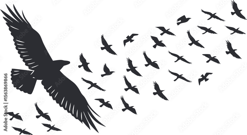 Fototapeta premium A powerful vector illustration of an eagle and other birds soaring through the open sky, depicted in silhouette style. This design embodies freedom, strength, and the majesty of nature in flight.
