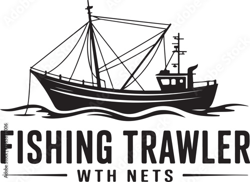 Fishing Trawler with Nets Silhouette on the Sea