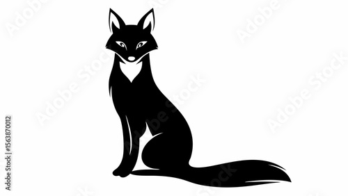 Silhouette of a fox sitting upright with a long tail and pointy ears in a black and white vector image