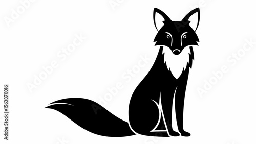 Illustration of a black fox sitting with a bushy tail and white chest on a white background image
