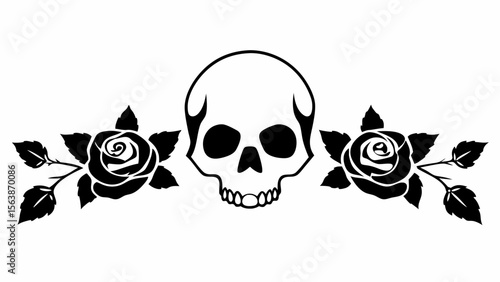 A centered skull with roses on either side in black and white tattoo style vector illustration art