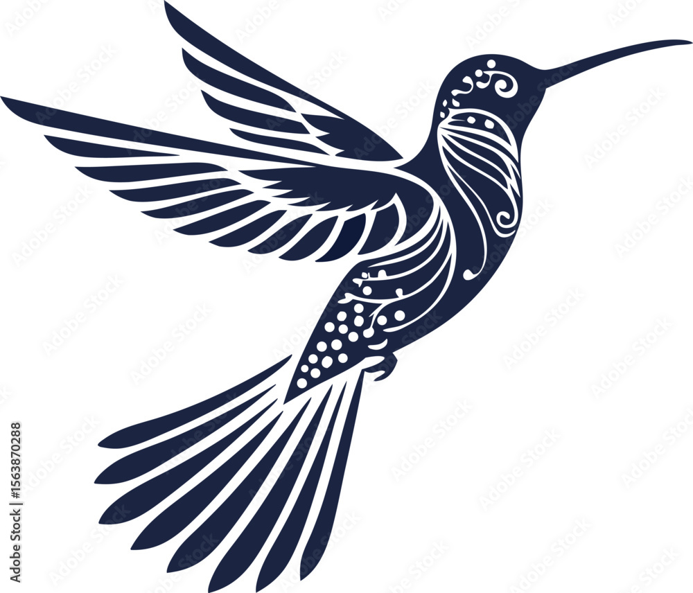 Obraz premium A graceful illustration of a hummingbird in mid-flight, surrounded by delicate flowers and a flowing branch. This design captures the beauty, agility, and vibrancy of nature in motion.