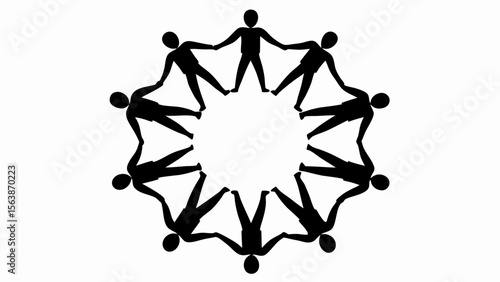 Silhouette of people holding hands in a circle forming unity and community on a white background