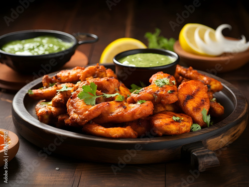 Wallpaper Mural Platter of Spicy Tandoori Shrimp Appetizer with Fresh Lemon Wedges and a Green Dipping Sauce. Torontodigital.ca