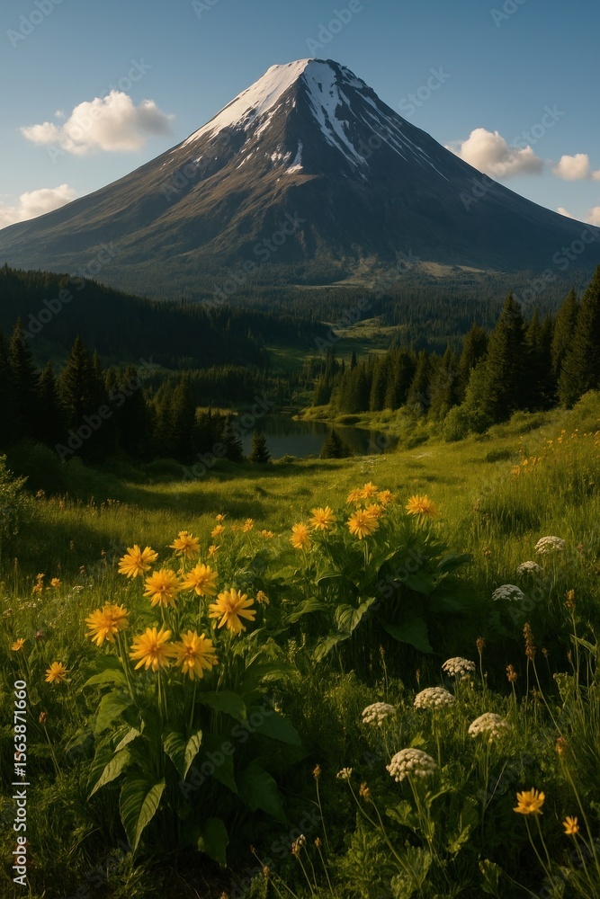 Fototapeta premium Majestic mountain with vibrant flowers.