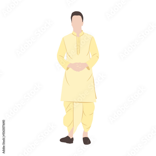 Vector flat illustration. Malaysian Indian man wearing traditional attire called Dothi