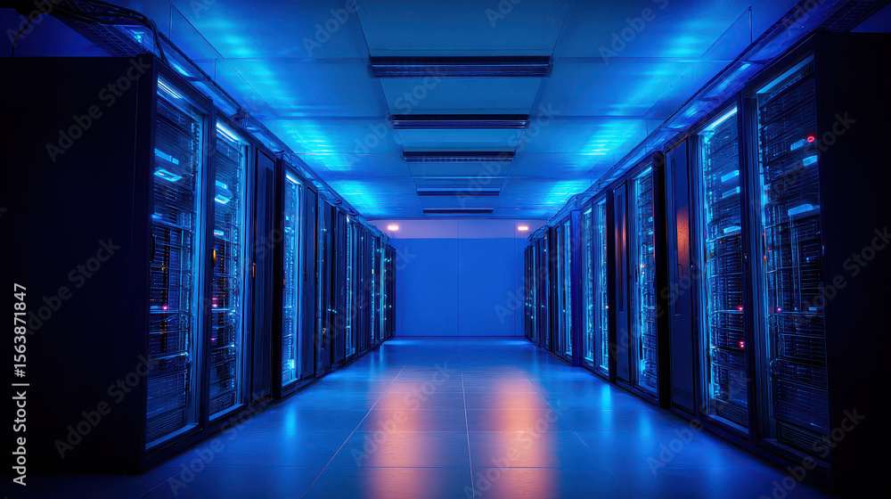 Fototapeta premium Server Room with Blue Ambient Lighting Rows of Close