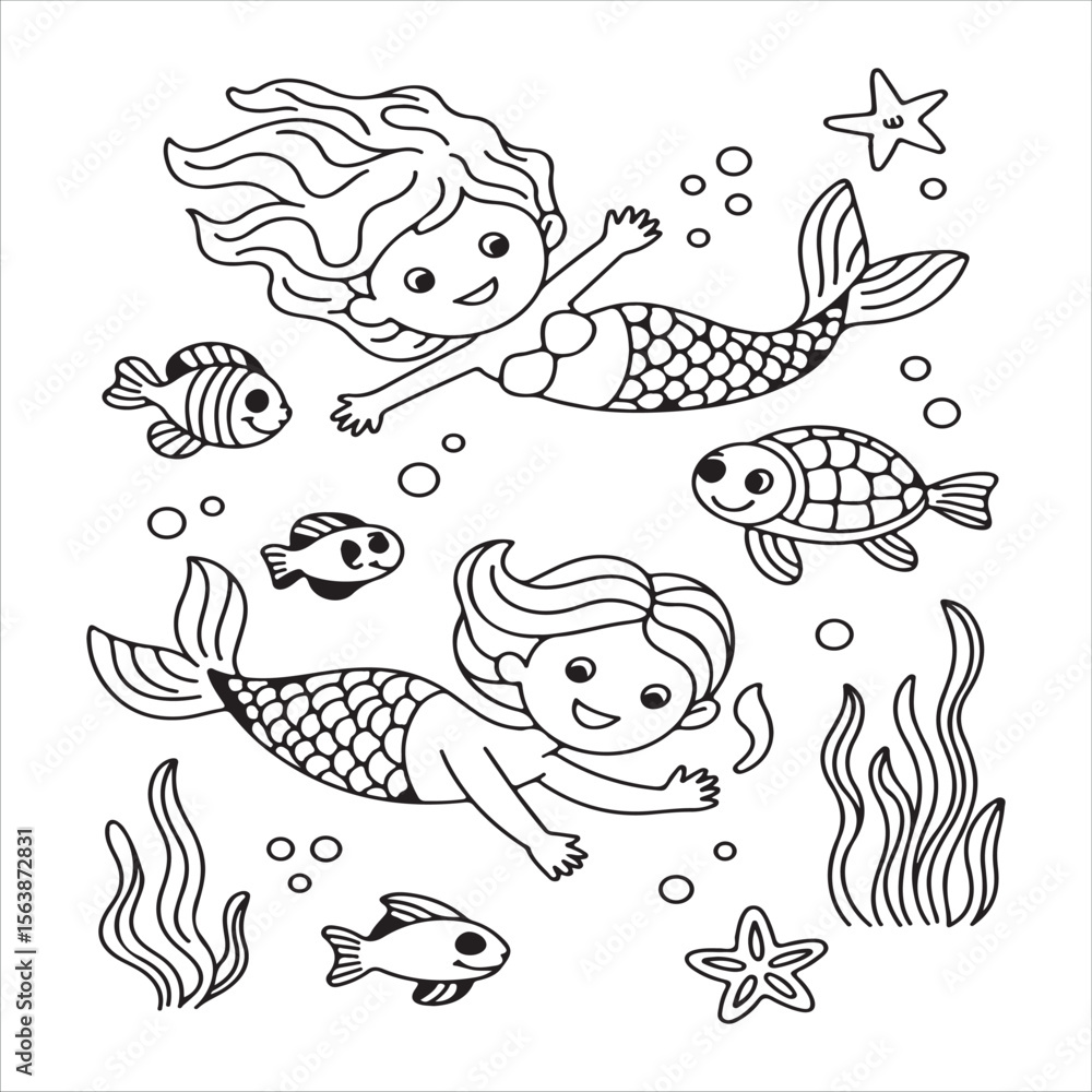 Fototapeta premium Cute cartoon mermaids swimming with fish and starfish in the ocean
