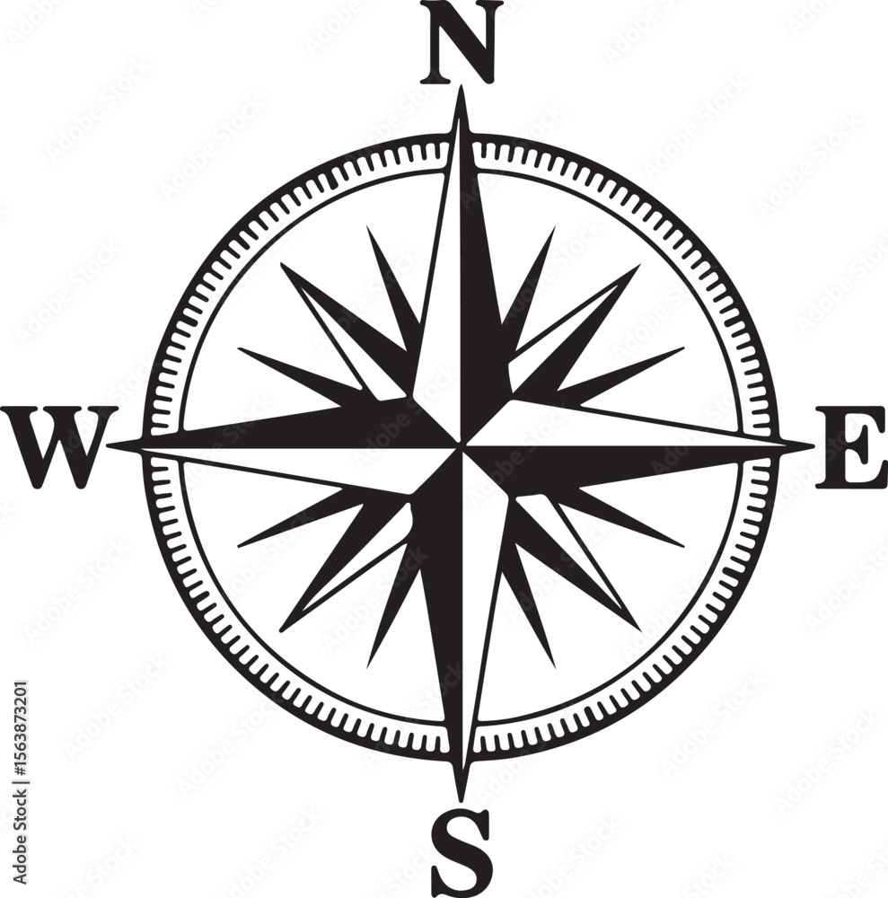 Striking Black and White Compass Rose Silhouette for Expert Navigation Striking Black and White Compass Rose Silhouette for Expert Navigation