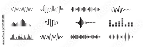 Sound waves sign set, equalizer music waves, musical sound wave beat collection icon. Monochrome simple sound wave on white background. Isolated vector illustration.