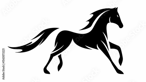 Silhouette of a black horse galloping with flowing mane and tail on a white background art design