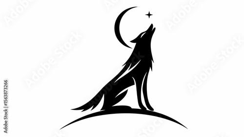 Silhouette of a wolf howling at the moon and a star on top of a small hill in black and white vector art
