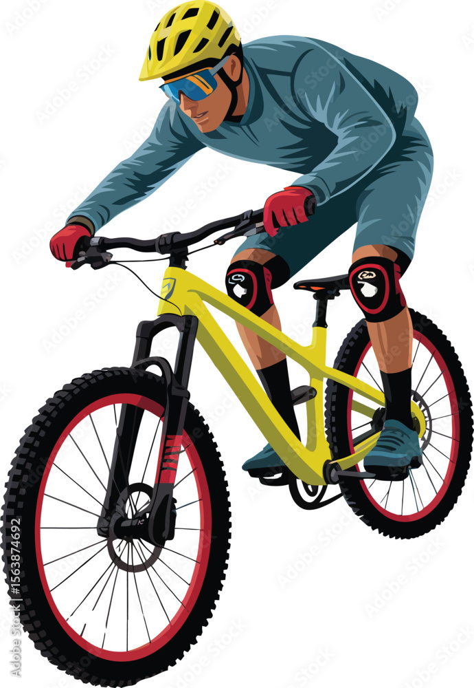 Naklejka premium Man riding a yellow mountain bike wearing a yellow helmet and protective gear