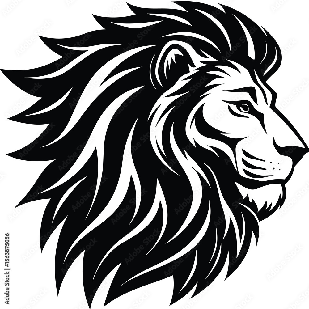 Fototapeta premium Stylized black and white lion head profile with flowing mane