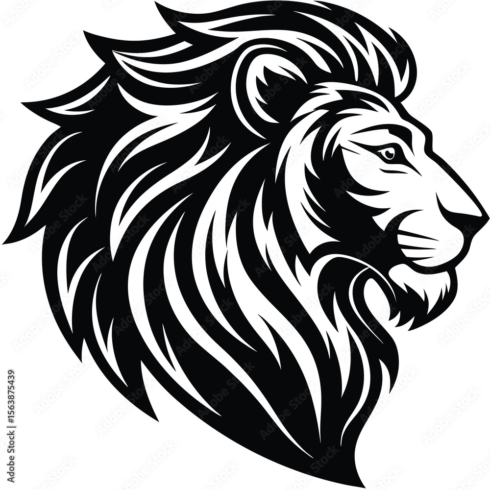 Fototapeta premium Majestic Lion Head Profile: Black and White Tribal Style Vector Graphic, Powerful and Regal.