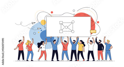 A Diverse Group of Energetic People Raise Their Hands in Support Holding a Large Blank Banner Celebrating Unity Collaboration and Shared Accomplishment Together