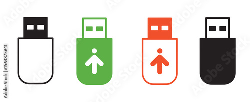 Black white green orange usb drive icons upload symbol flash drive storage