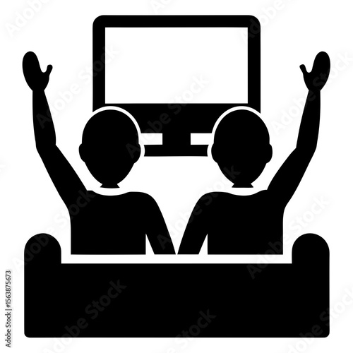 People watching television with raised hands silhouette vector illustration
