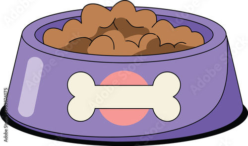 Cartoon vector illustration of a purple dog food bowl full of kibble.