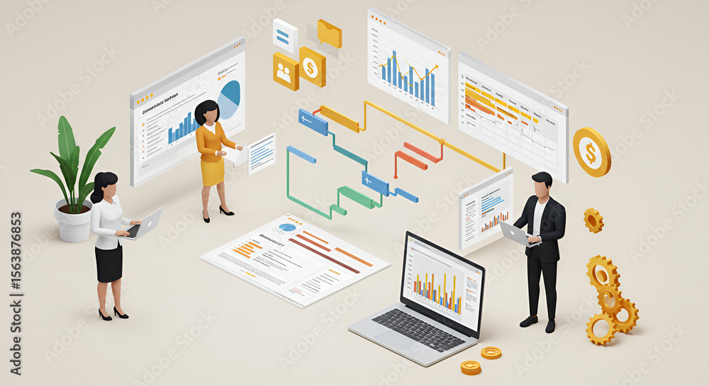 Isometric business analytics dashboard for team collaboration and data visualization Isometric business analytics dashboard for team collaboration and data visualization