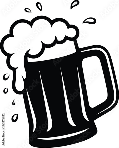 Stylized black and white illustration of a beer mug overflowing with foamy beer