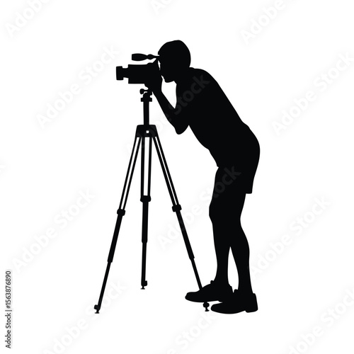 Silhouette of a professional cameraman with a tripod, capturing a digital photograph cameraman silhouette icon vector illustration on white background