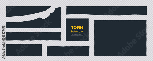 Black jagged paper pieces with torn edges. Torn paper rectangles different shapes for note, label, text banner. Cardboard elements, paper patch collage set, vector illustration.