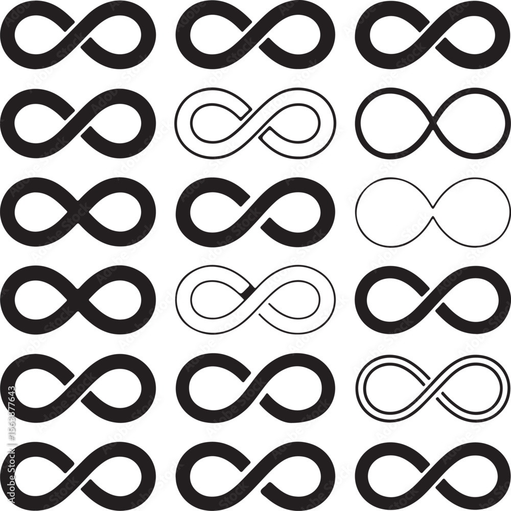 Black and White Infinity Symbol Variations Vector Graphic Set Multiple Thicknesses and Styles Lemniscate Loop Designs for Branding and Design Projects Black and White Infinity Symbol Variations Vector Graphic Set Multiple Thicknesses and Styles Lemniscate Loop Designs for Branding and Design Projects