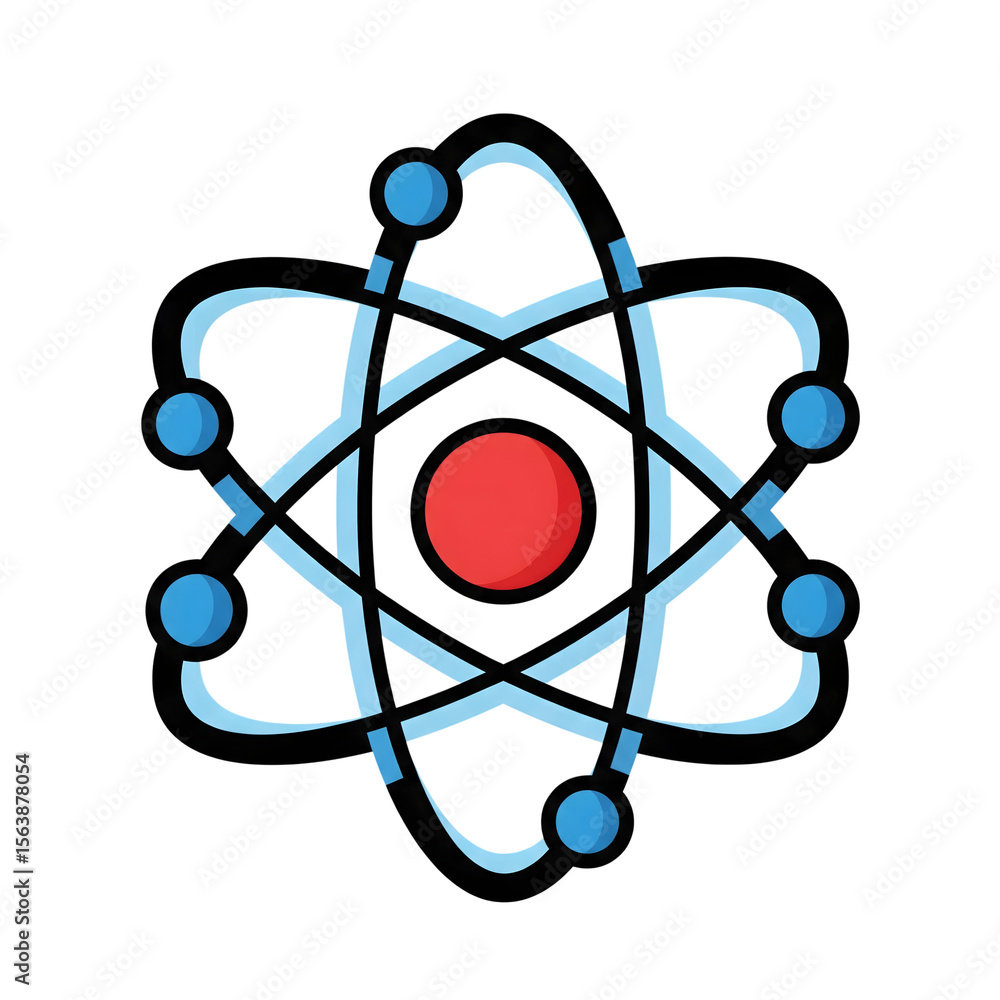 Red Nucleus Atom Icon Blue Orbiting Electrons isolated on a transparent background Red Nucleus Atom Icon Blue Orbiting Electrons isolated on a transparent background
