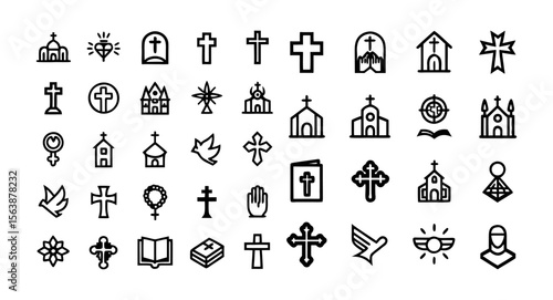 Christian Line Icon Set – Editable Stroke Vector Icons of Cross, Bible, Church, Prayer, Rosary, Jesus, Worship, Faith, Holy Spirit, and More – Linear Christian Religion Icon Collection