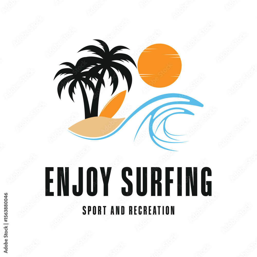 Naklejka premium enjoy surfing tropical beach logo design concept for sport and recreation
